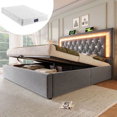 Lit coffre - SOGEU - 160x200 - Velours capitonné gris - Tête LED effet diamant - Coffre hydraulique, ports USB (1/5)