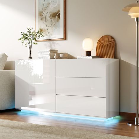 Commode 160 cm, Commode Moderne avec 3 Tiroirs et Éclairage LED - Portes Cachées, Finition brillante, ouverture douce - Blanc (1/5)