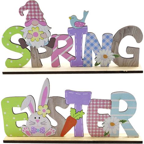 Lot de 2 décorations de table de Pâques en bois, centre de table avec lapin de Pâques