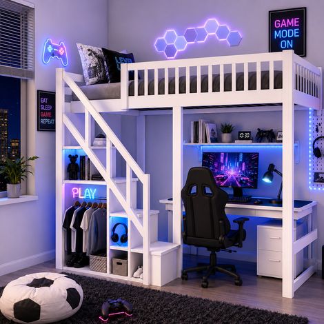 Lit mezzanine enfant 140x200 cm, Lit superposé avec sommier à lattes, barrière antichute, escalier de rangement, espace ouvert personnalisable, bois massif blanc (1/5)