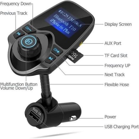 T10 Transmetteur Bluetooth FM, 1.44in écran LCD, Kit Chargeur USB voiture sans fils mains libres avec Port USB carte TF Aa70615 (1/4)