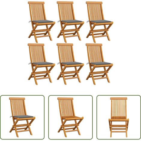 Teakholz - Gartenstühle mit Grauen Kissen 6 Stk. Massivholz Teak (1/5)