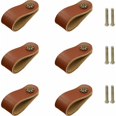 Poignee Cuir meuble Marron 6 pcs Boutons de Meubles en Cuir Véritable, Poignée de Cabinet Poignées de Tiroir avec Vis de 22mm, Poignées de Porte en Cuir Faites à la Main pour Placard, Commo (1/5)