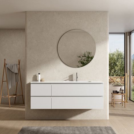 Mobile bagno sospeso 140 cm Bianco Lavabo a Destra in Resina Specchio Tondo - Fiji Wood (1/4)