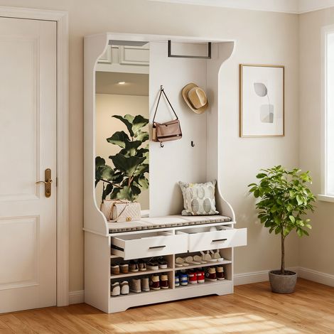 Porte manteau blanche multifonctionnelle avec miroir, crochets et tringle à vêtements, tiroirs et étagère à chaussures – un meuble de rangement pratique pour votre entrée, aggloméré