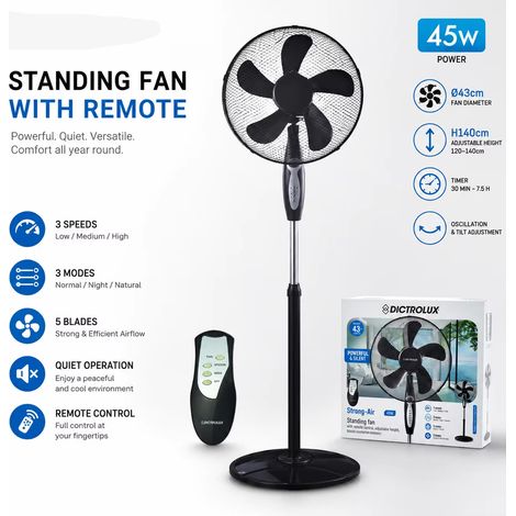 Ventilateur sur Pied 45W Ø43 cm avec Télécommande, Oscillation Automatique, 3 Vitesses, 3 Modes, Minuterie, Hauteur Réglable, 5 Pales