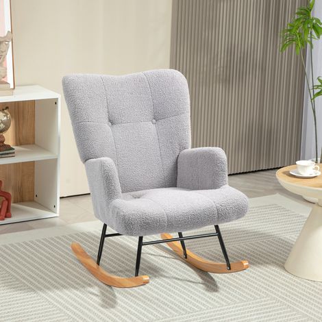 Silla Mecedora de Borreguito con Respaldo Capitoné y Base de Madera de Caucho para Salón o Dormitorio 65x88x87 cm Gris (1/5)