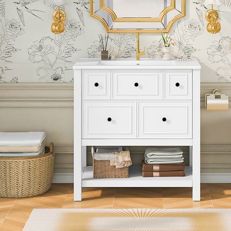URBAN MEUBLE Meuble vasque céramique blanc MDF 5 tiroirs silencieux et niches de rangement ouvertes (robinet non inclus) (1/5)