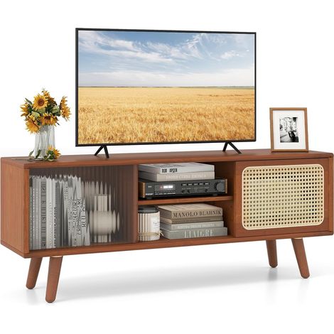 Costway – Meuble TV en bambou pour TV 55'' – 4 compartiments – 2 portes coulissantes en verre trempé et rotin – Dimensions 120,5x31x45,5cm – Brun (1/5)