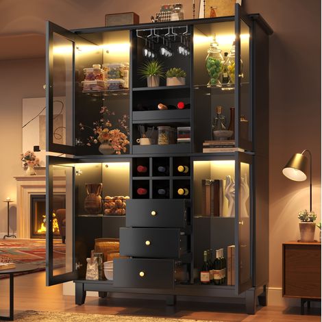 Weinschrank 120x40x180.5 cm schwarz aus MDF mit RGB-LED, 3 Schubladen und Glas-/Flaschenhalter (1/5)