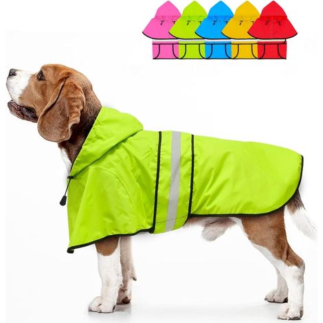 Cappotto impermeabile per cani con cappuccio, ultraleggero e traspirante con strisce riflettenti, per cani di taglia media e grande (verde fluorescente, XXL) (1/5)