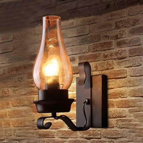 Vintage Wandleuchte im Landhausstil, rustikale schwarze Metallleuchte im Öllampen-Stil mit bernsteinfarbenem Glasschirm für Flur und Schlafzimmer