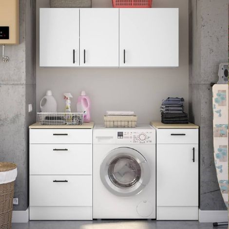 Dmora - Set muebles para lavandería Sesleria, Composición lavandería moderna, Solución optimizada para zona de lavado, Blanco y Roble (1/5)