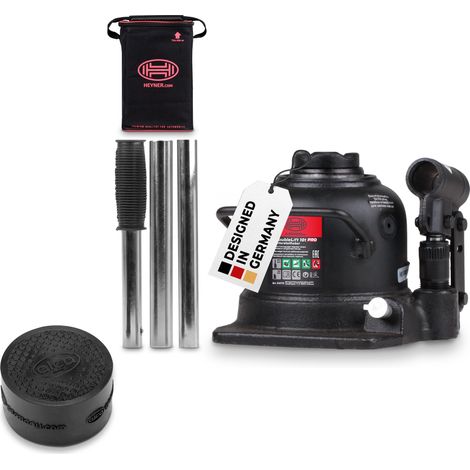 HEYNER® Autoheber Set 10t extra flach I hydraulischer Wagenheber 2-stufig mit alca® Gummiauflage I Unterstellheber für SUV, Transporter I Bundle mit Schutzpad I Hubhöhe 125–225 mm