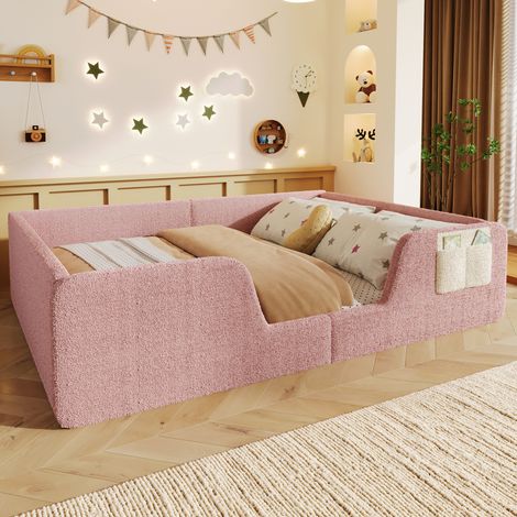 REDOM Lit enfant 140x190 cm avec barrières amovibles et poche intégrée, velours rose (Sans matelas) (1/5)
