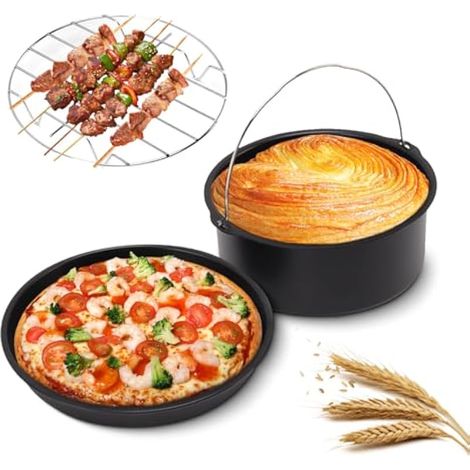 Ensemble de 3 accessoires pour friteuse à air chaud, moule à gâteau en acier inoxydable, poêle à pizza, grill, accessoires de friture pour la maison, la cuisine et le restaurant (18 cm) (1/4)