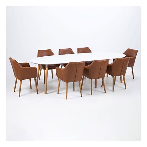 Hellin – Table de salle à manger ovale extensible 170/270 cm – Pour 12 personnes – Plateau MDF laqué blanc – Piétement en hévéa chêne (1/5)