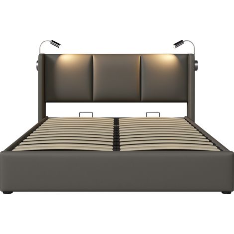 Letto matrimoniale imbottito grigio 160 x 200 cm con vano contenitore, lampada e porta USB (1/5)