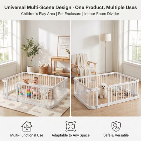 Parc modulable bébé blanc 140x200 cm barreaux 7 cm bords arrondis sol anti-pincement barrière sécurité