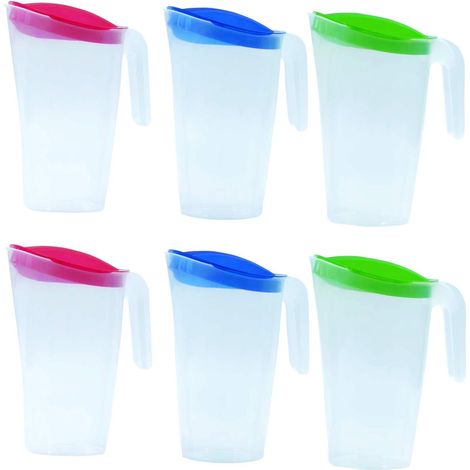 Home Line brocca per succo 1,75 L – Bricco per acqua con coperchio fisso – Bricco per bevande con antigoccia esterno – Caraffa per acqua per frigorifero – Dispenser di succo. 6er Set (Blau, Grün, Rot) (1/5)