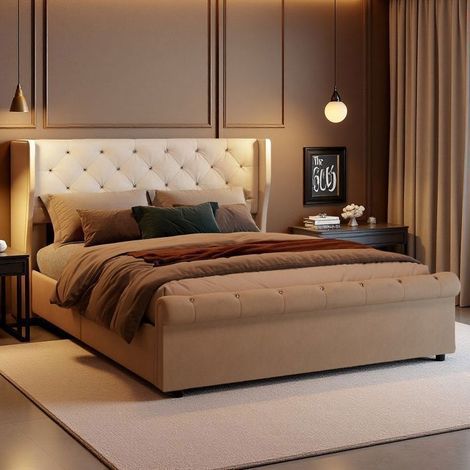 Cama Doble 160x200 - Cabecero de Terciopelo - Almacenamiento Hidráulico - 2 Puertos USB - Diseño Contemporáneo