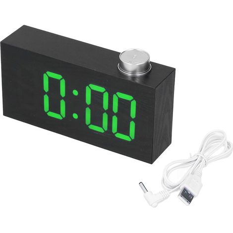 Réveil numérique LED de bureau avec port USB, thermomètre électronique et finition imitation bois vert (1/5)