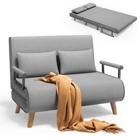 Bealife Umwandelbarer 2-Personen Schlafcouch Modularer Langstuhl mit 2 Kissen Verstellbaren Holzfüßen Klappbar Grau (1/5)