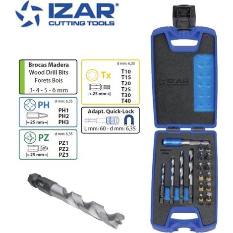 coffret Izar forets bois queue hexagonale et embouts de vissage 17 pièces