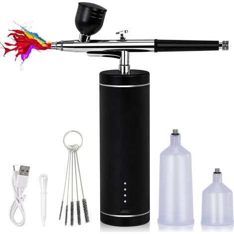 Airbrush - Compresseur Intégré Sans Fil - Pression Réglable 10/20/30 PSI - Embout 0,3 mm - Affichage Numérique de Batterie - Pour Modélisme Peinture Ongles Tatouage Pâtisserie - Kit Complet (1/5)