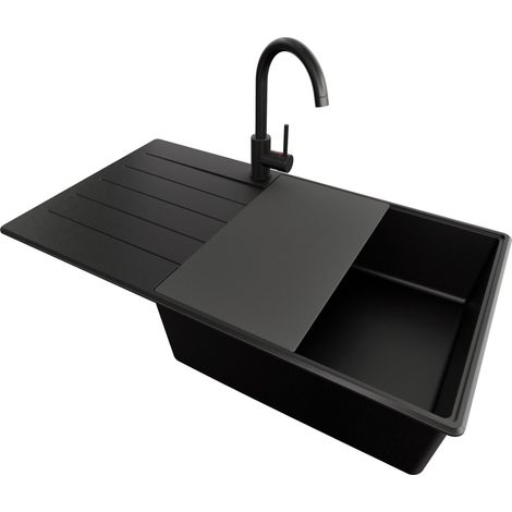PRIMAGRAN Evier Cuisine en Granit 90x50cm, Lavabo 1 bac + Kit de Vidage + Accessoire, Évier à Encastrer au meuble 60cm - Copenhague, Tout Noir (1/5)