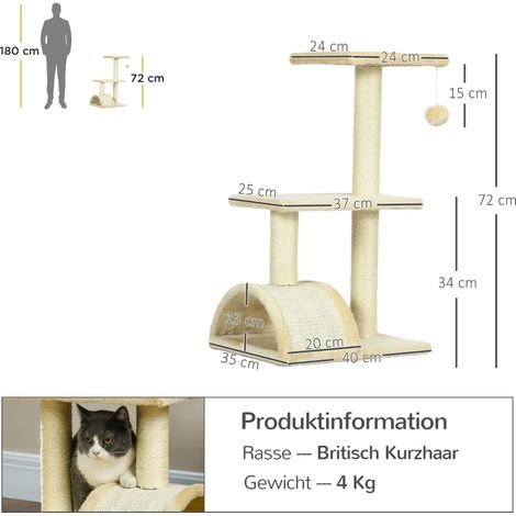 Arbre à chat 72 cm avec balles en peluche, poteaux sisal, plateforme & griffoir, multi-niveaux pour chats moyens, blanc crème (1/4)