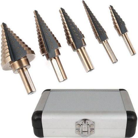 5-teiliges Stufenbohrer-Set mit professionellem Aluminiumkoffer, Sechskantschaft und selbstzentrierender Platte für präzises Bohren in Stahl und Metall (1/5)