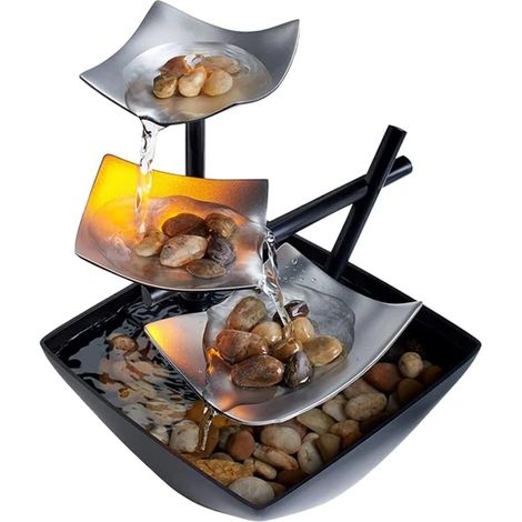 Fontaine de table avec lumière LED - Interrupteur d'alimentation automatique - Pierres de rivière naturelles - Décoration d'intérieur ou de bureau (1/4)