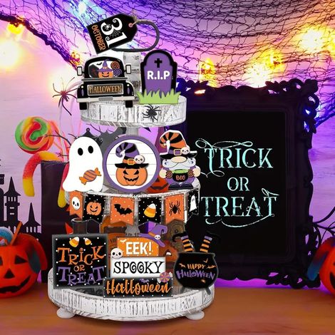 15-stöckige Halloween-Dekorationen, hübsche Halloween-Schilder aus Holz, rustikale Tablettdekorationen