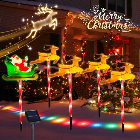 5 en 1 Noël Père Noël Lumières de chemin solaire Décorations extérieures, 8 modes Arbre de Noël Lumières de bonbons LED étanche Piquet de jardin pour (1/5)