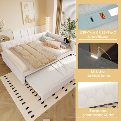 Canapé-lit 140x200 cm avec sommier (sans matelas), lampe de chevet intégrée, tiroir multifonctions escamotable, ports USB-C, revêtement blanc simili laine.