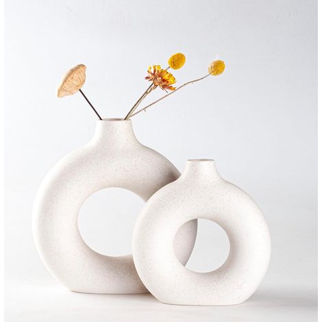 Lot de 2 vases en céramique en Donut Blanc pour décoration d'intérieur Moderne, vases Ronds Mat pour Herbe de la Pampa, Style Minimaliste Nordique Neutre (Super Grand+Grand) (1/5)