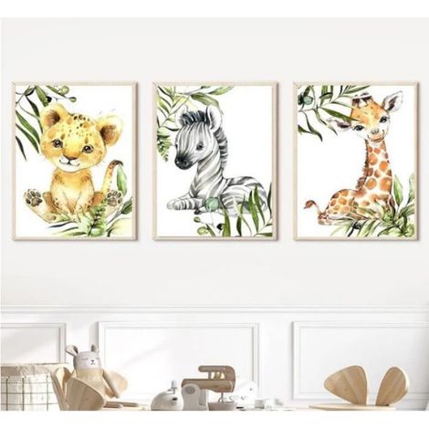 Lot de 3 Affiche Animaux Safari Poster Jungle Girafe Zebre Lion Tableau Murale 30x40 Enfant Bebe Chambre Toile Decoration sans (1/4)