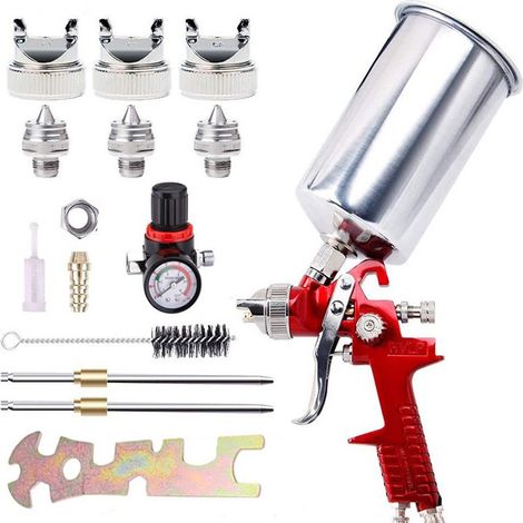 Pistolet à Peinture Pneumatique à Alimentation par Dessus avec 4 Buses et Pot en Aluminium pour Meubles et Carrosserie Auto (1/5)