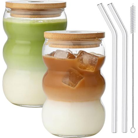 2er Set Glasbecher 550ml mit Deckel & Strohhalm für Latte Macchiato, Bubble Tea & Cocktails