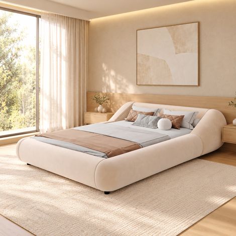 Polster-Doppelbett 140x200 cm aus beigem Samt mit LED, schwebender Effekt – MEUBLIV (1/5)