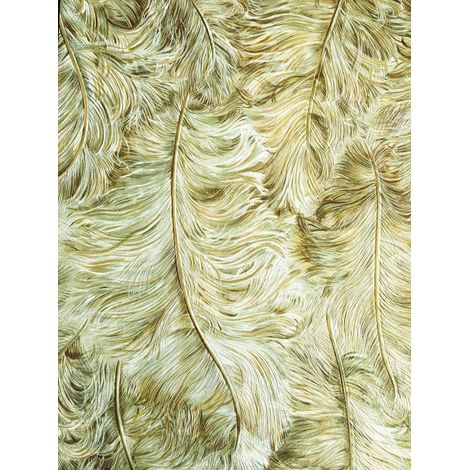 Empapelado de lujo exclusivo Profhome 822202 papel pintado vinílico gofrado con plumas brillante oliva oro pardo verdoso blanco 5,33 m2