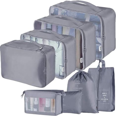 Ensemble de 8 organisateurs de bagages à compression gris foncé pour ranger vêtements, chaussures et accessoires en voyage.-AquaForge (1/5)