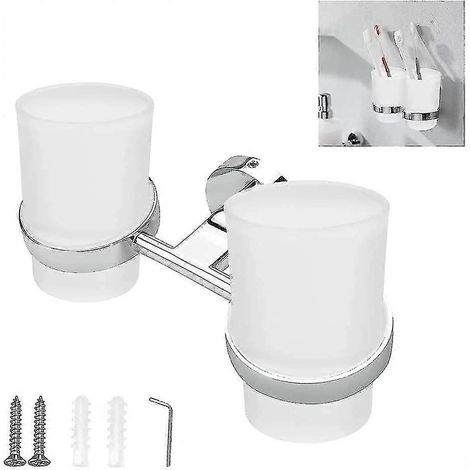 Porte-gobelets en verre dépoli mural double, porte-brosses à dents en alliage de zinc, support rond pour dentifrice et verres. (1/5)