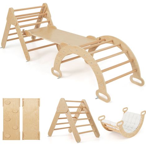 COSTWAY 3-In-1 Kids Climbing Triangle Set Wooden Triangle Climber Set-Natural (1/5)