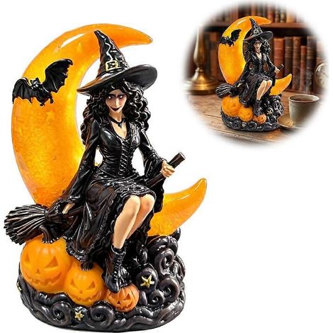 Halloween Witch Moon Statue Gothic Night Light Decor Resin 13X18 Cm Wooden (1/5)