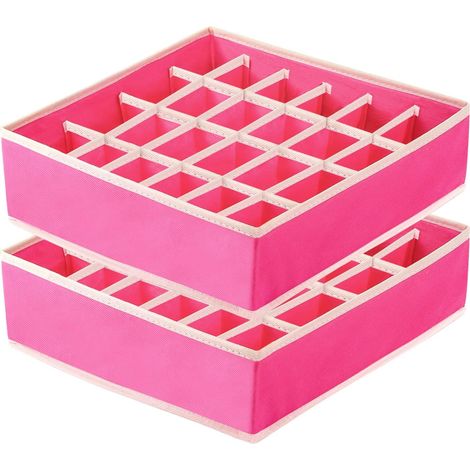 Bote de Rangement Pliable 2 Pièces Chaussettes Soutien-Gorge Sous-Vêtements Bote de Rangement 24 Grilles (Rose Rouge) (1/5)