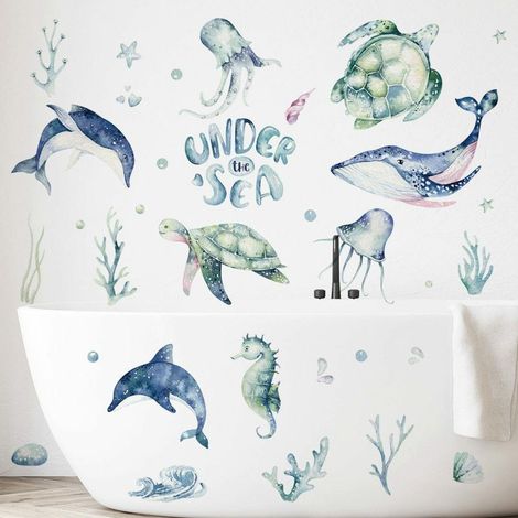 Adhesivo de pared de 30x60 cm con motivos de criaturas submarinas: delfín, tortuga.
