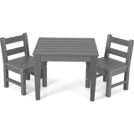 COSTWAY Juego de Mesa y Silla para Niños de 3 Piezas, Juego de Mesa de Actividades para Niños de Exterior con 2 Sillas con Respaldo para Jugar Dibujar y Leer (mesa y 2 sillas, gris)