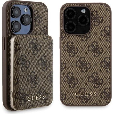 Guess GUBPM5P15X4GEMGW Custodia rigida per iPhone 15 Pro Max da 6,7" + Powerbank 5000mAh MagSafe marrone/marrone 4G Logo in metallo